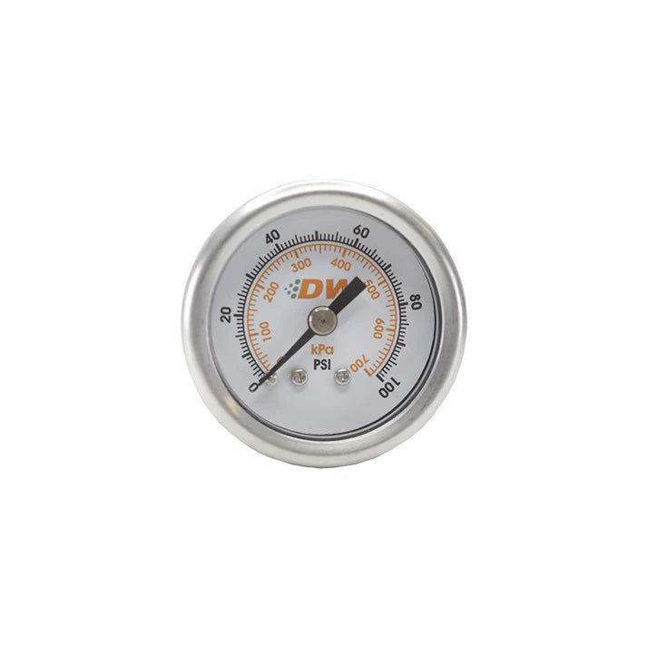 Deatschwerks Mechanical fuel pressure gauge. 1/8 NPT. 0-100 psi. 1.5" Diameter, Brushed Housing, White face