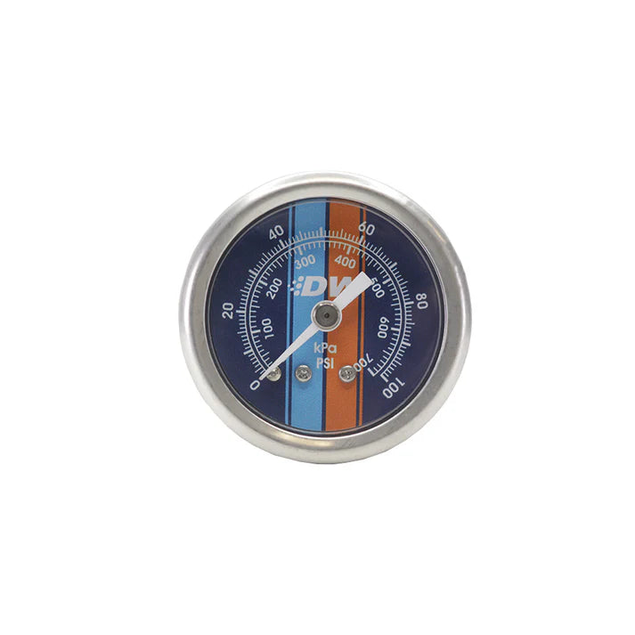 Deatschwerks Mechanical Fuel Pressure Gauge. 1/8 NPT. 0-100 PSI, 1.5 in Diameter, Brushed Housing, Blue Face