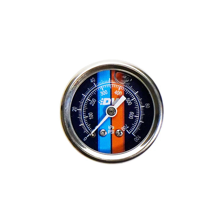Deatschwerks Mechanical Fuel Pressure Gauge. 1/8 NPT. 0-100 PSI. 1.5 in Diameter, Black Housing, Liquid Filled, Blue Face