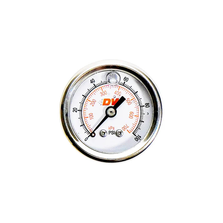 Deatschwerks Mechanical Fuel Pressure Gauge. 1/8 NPT. 0-100 PSI. 1.5 in Diameter, Black Housing, Liquid Filled, White Face