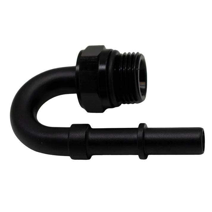 Deatschwerks 8AN ORB Male to 3/8 Inch Male EFI Quick Connect Adapter 180-Degree (Incl O-Ring), Anodized Matte Black