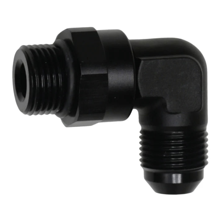 Deatschwerks 8AN ORB Male Swivel to 8AN Male Flare 90-Degree Fitting, Anodized Matte Black