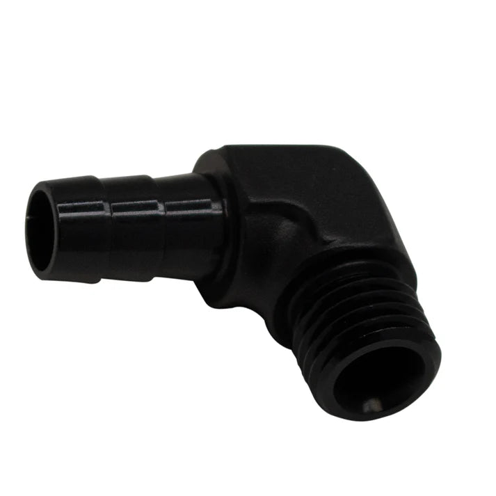 Deatschwerks Metric M12 to 3/8 Inch Hose Barb 90-Degree Fitting w/ 1/8 Inch Venturi Port, Anodized Matte Black