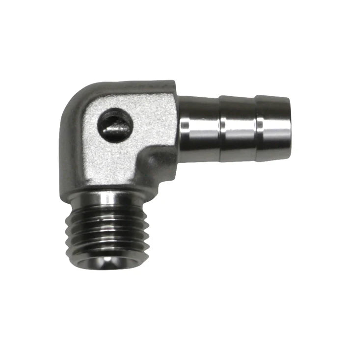Deatschwerks Metric M12 to 3/8 Inch Hose Barb 90-Degree Fitting w/ 1/8 Inch Venturi Port, Anodized DW Titanium