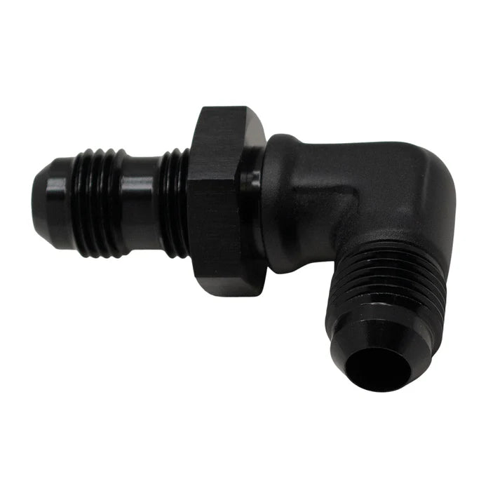 Deatschwerks 6AN Male Flare to 6AN Male Flare Bulkhead Adapter 90-Degree (Incl Nut), Anodized Matte Black