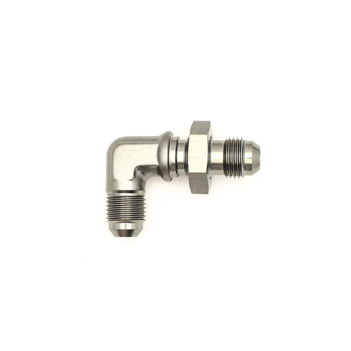 Deatschwerks 6AN Male Flare to 6AN Male Flare Bulkhead Adapter 90-Degree (Incl Nut), Anodized DW Titanium