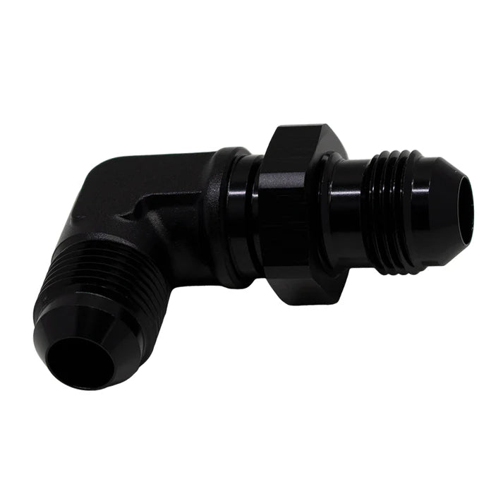 Deatschwerks 8AN Male Flare to 8AN Male Flare Bulkhead Adapter 90-Degree (Incl Nut), Anodized Matte Black