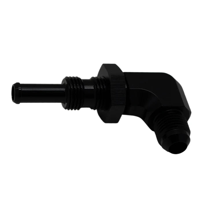 Deatschwerks 6AN Male Flare to 5/16 Inch Male Barb Bulkhead Adapter 90-Degree (Incl Nut), Anodized Matte Black