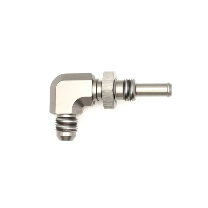 Deatschwerks 6AN Male Flare to 5/16 Inch Male Barb Bulkhead Adapter 90-Degree (Incl Nut), Anodized DW Titanium
