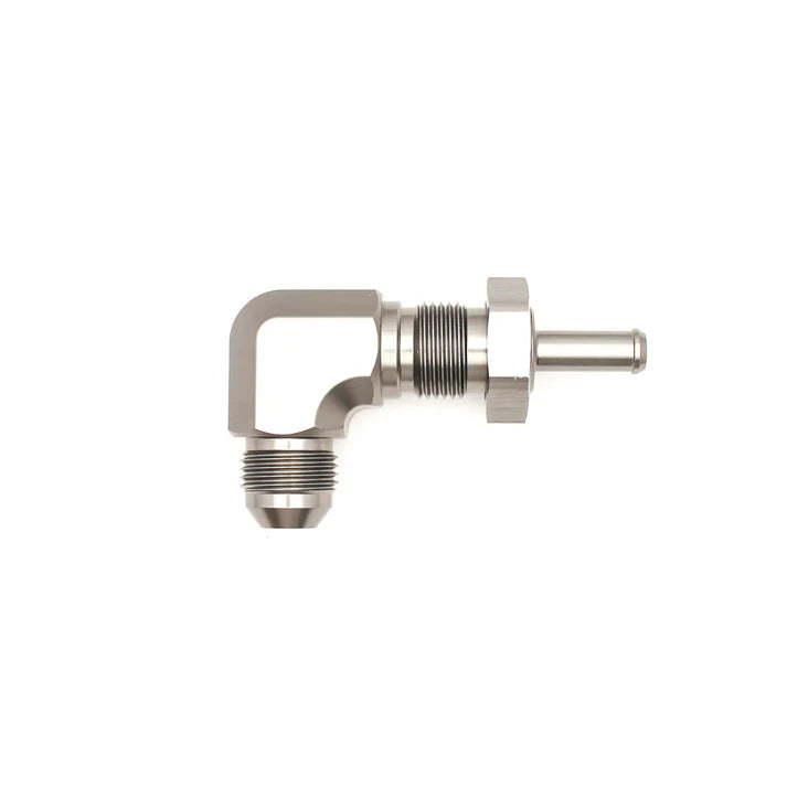 Deatschwerks 8AN Male Flare to 5/16 Inch Male Barb Bulkhead Adapter 90-Degree (Incl Nut), Anodized DW Titanium
