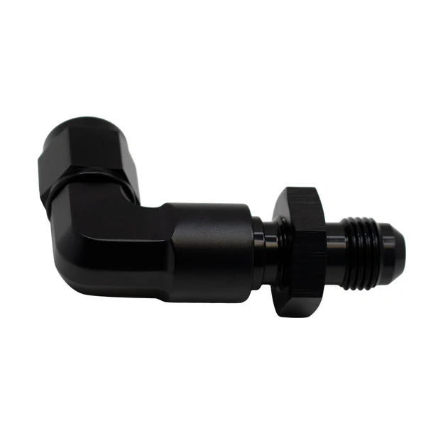 Deatschwerks 6AN Female Flare Swivel to 6AN Male Flare 90-Degree Bulkhead, Extended Length, Include Nut, Anodized Matte Black