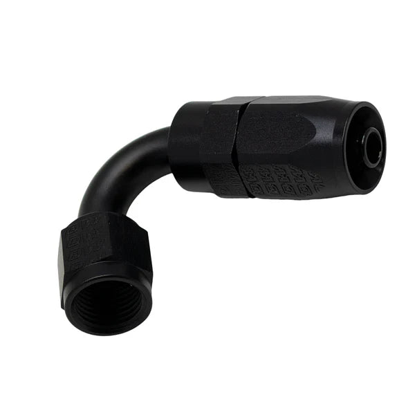 Deatschwerks 6 AN Female Flare Swivel 120-Degree Hose End CPE, Anodized Matte Black
