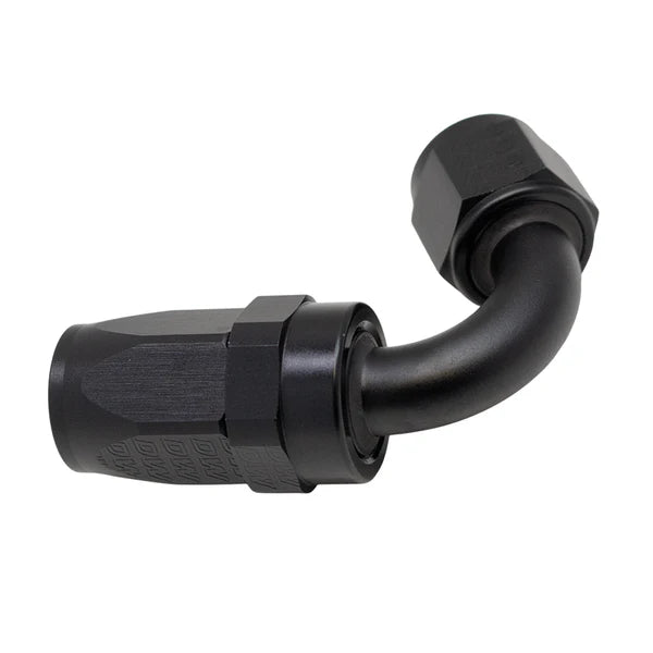 Deatschwerks 8 AN Female Flare Swivel 120-Degree Hose End CPE, Anodized Matte Black
