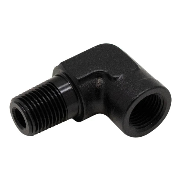 Deatschwerks 90-Degree 1/8 Inch NPT Male to Female 1/8 Inch NPT, Anodized Matte Black