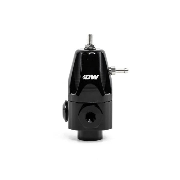 Deatschwerks DWR1000 adjustable fuel pressure regulator, anodized black. Dual -6AN inlet and -6AN outlet. Universal fitment