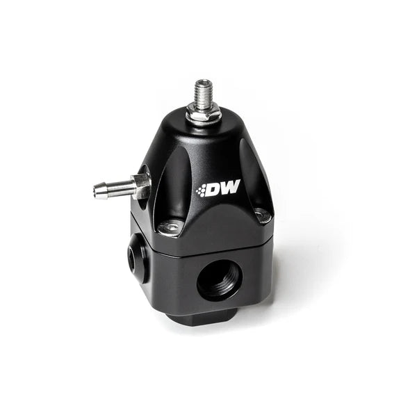 Deatschwerks DWR1000c adjustable fuel pressure regulator, anodized black. Dual -6AN inlet and -6AN outlet. Universal fitment