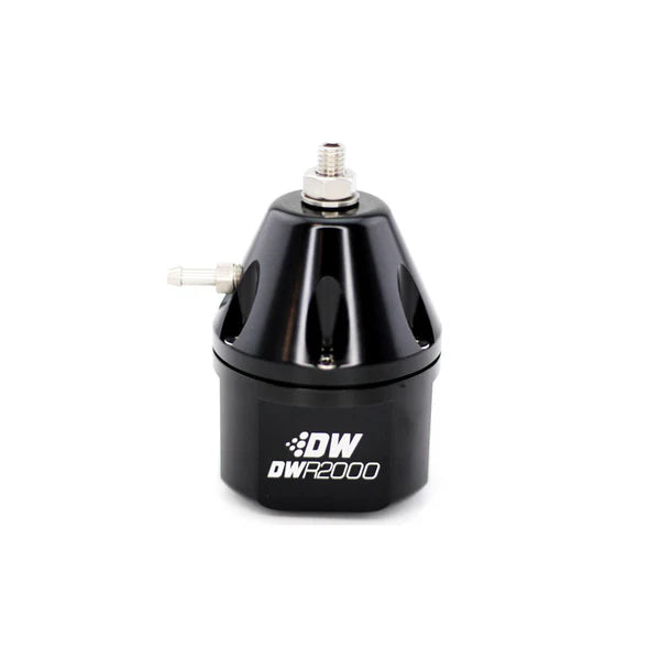 Deatschwerks DWR2000 adjustable fuel pressure regulator, anodized black. Dual -10AN inlet and -8AN outlet. Universal fitment
