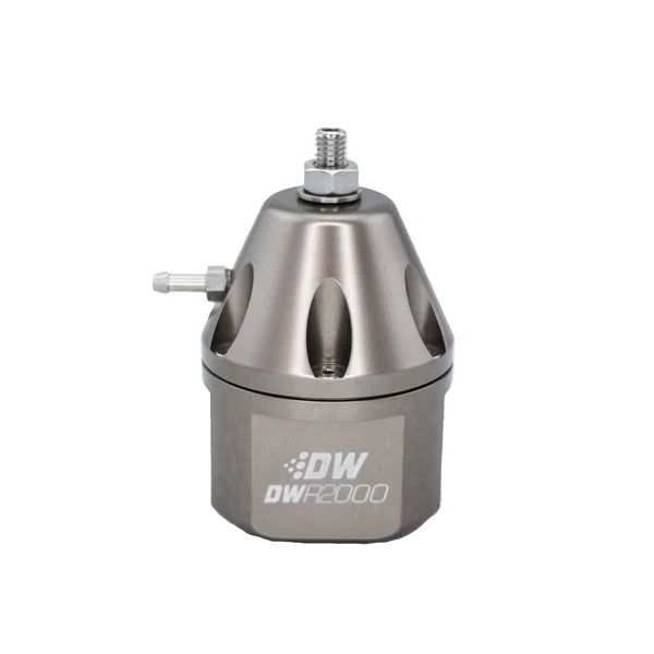 Deatschwerks DWR2000 adjustable fuel pressure regulator, anodized titanium. Dual -10AN inlet and -8AN outlet. Universal fitment