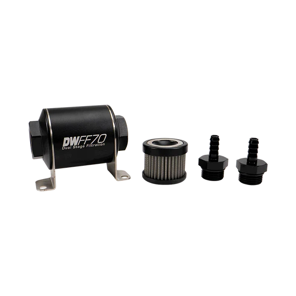 Deatschwerks In-line fuel filter element and housing kit, stainless steel 10 micron, 5/16in hose barb, 70mm. Universal