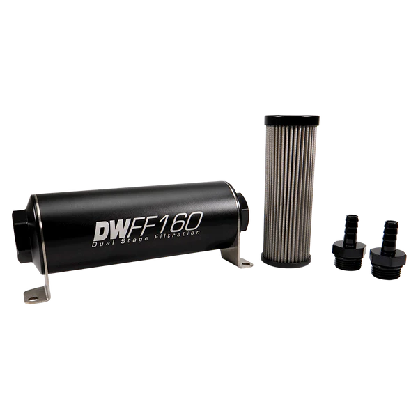 Deatschwerks In-line fuel filter element and housing kit, stainless steel 10 micron, 3/8in hose barb, 160mm. Universal