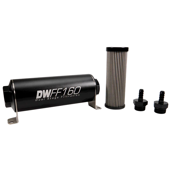 Deatschwerks In-line fuel filter element and housing kit, stainless steel 40 micron, 5/16in hose barb, 160mm. Universal
