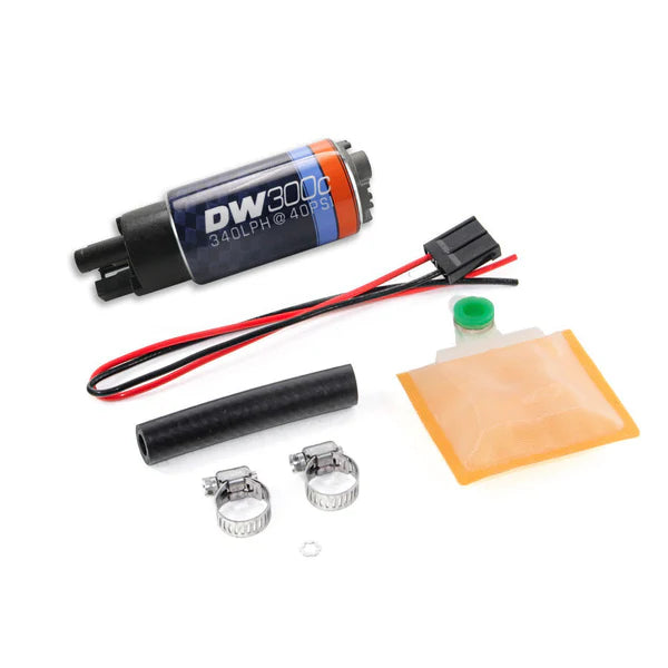 Deatschwerks DW300C series, 340lph compact fuel pump without mounting clips w/ Universal Install Kit.