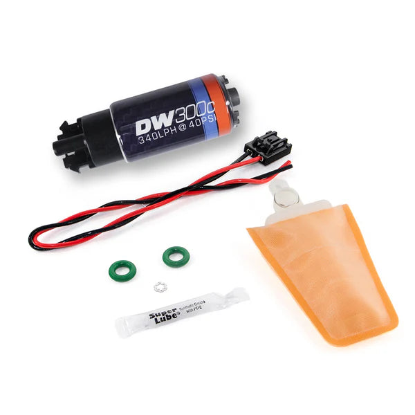 Deatschwerks DW300C series, 340lph compact fuel pump w/ mounting clips w /Install kit for Lotus Elise/Exige 04+, Toyota Celica 00-05, MR2 spyder 00-05, Corolla/Matrix 03-04