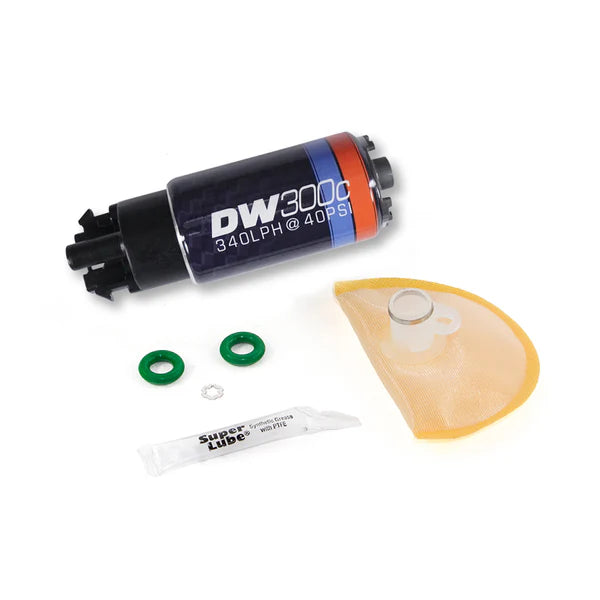 Deatschwerks DW300C series, 340lph compact fuel pump w/ mounting clips w /Install Kit for GTO 04-06, Legacy GT 05-09, WRX 08-18, Sti 08-18