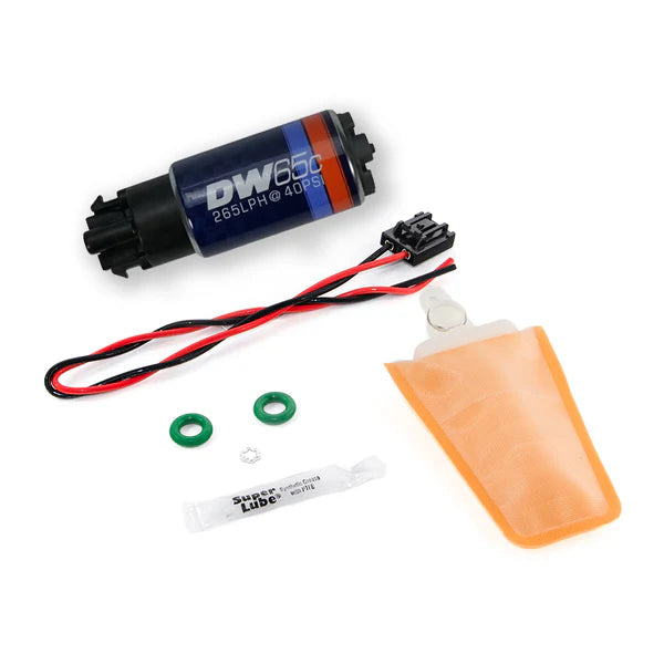 Deatschwerks DW65C series, 265lph compact fuel pump w/ mounting clips w /Install kit for Lotus Elise/Exige 04+, Toyota Celica 00-05, MR2 spyder 00-05, Corolla/Matrix 03-04