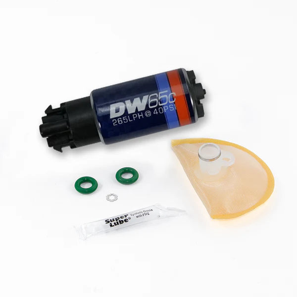Deatschwerks DW65C series, 265lph compact fuel pump w/ mounting clips w /Install Kit for GTO 04-06, Legacy GT 05-09, WRX 08-14, Sti 08-21