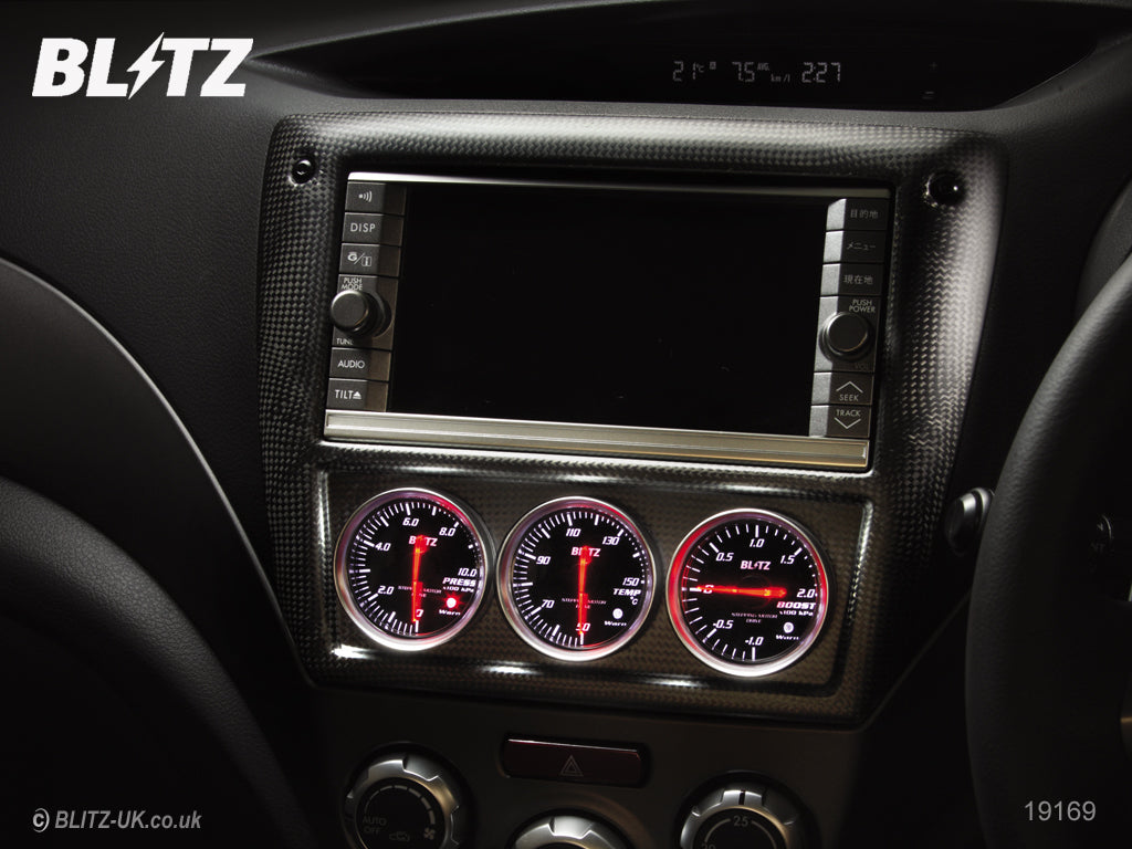 Blitz Carbon Panel - 3 x Red 52mm SD Gauges with Attachment Plate - Impreza GH8, GRB, GVB