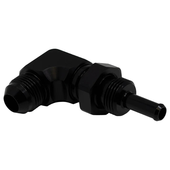 Deatschwerks 8AN Male Flare to 5/16 Inch Male Barb Bulkhead Adapter 90-Degree (Incl Nut), Anodized Matte Black