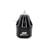Deatschwerks DWR2000 adjustable fuel pressure regulator, anodized black. Dual -10AN inlet and -8AN outlet. Universal fitment