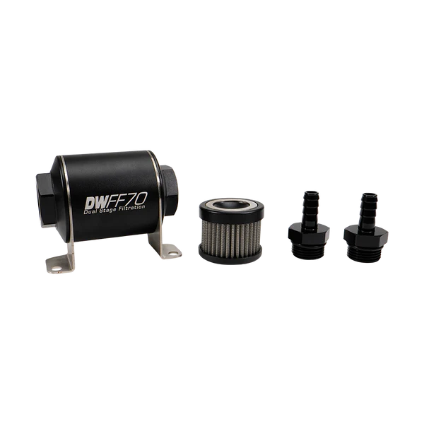 Deatschwerks In-line fuel filter element and housing kit, stainless steel 10 micron, 3/8in hose barb, 70mm. Universal