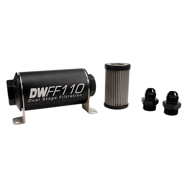 Deatschwerks In-line fuel filter element and housing kit, stainless steel 5 micron, -8AN, 110mm. Universal
