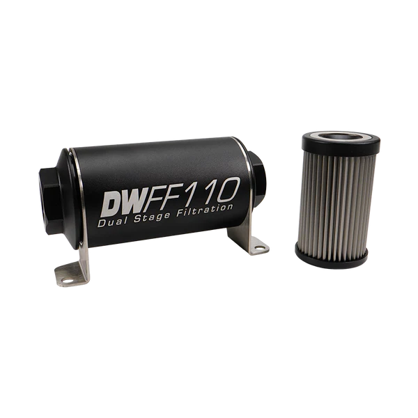 Deatschwerks In-line fuel filter element and housing kit, stainless steel 5 micron, 110mm. Universal