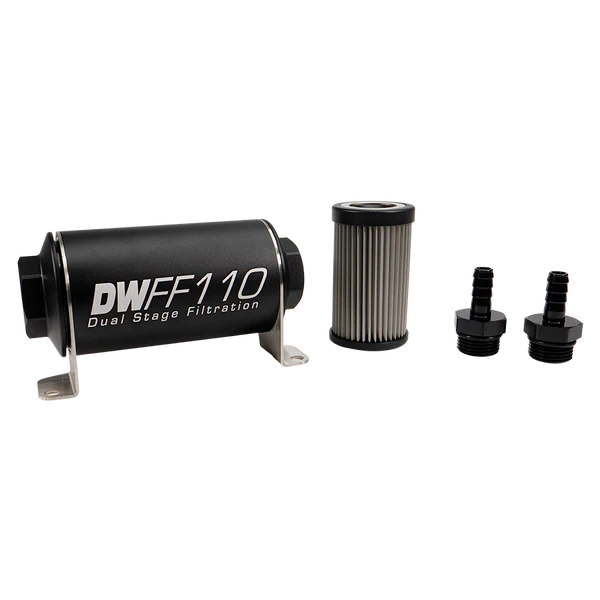 Deatschwerks In-line fuel filter element and housing kit, stainless steel 40 micron, 3/8in hose barb, 110mm. Universal