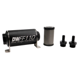 Deatschwerks In-line fuel filter element and housing kit, stainless steel 40 micron, 3/8in hose barb, 110mm. Universal
