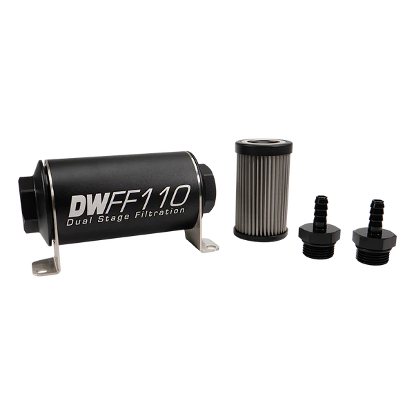 Deatschwerks In-line fuel filter element and housing kit, stainless steel 100 micron, 5/16in hose barb, 110mm. Universal