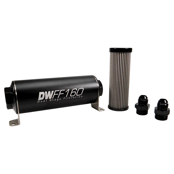 Deatschwerks In-line fuel filter element and housing kit, stainless steel 40 micron, -8AN, 160mm. Universal