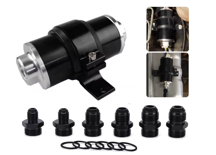 Future Motorsports Billet Aluminium Fuel Filter 100 Micron Stainless Steel Filter With Mounting Bracket Fittings
